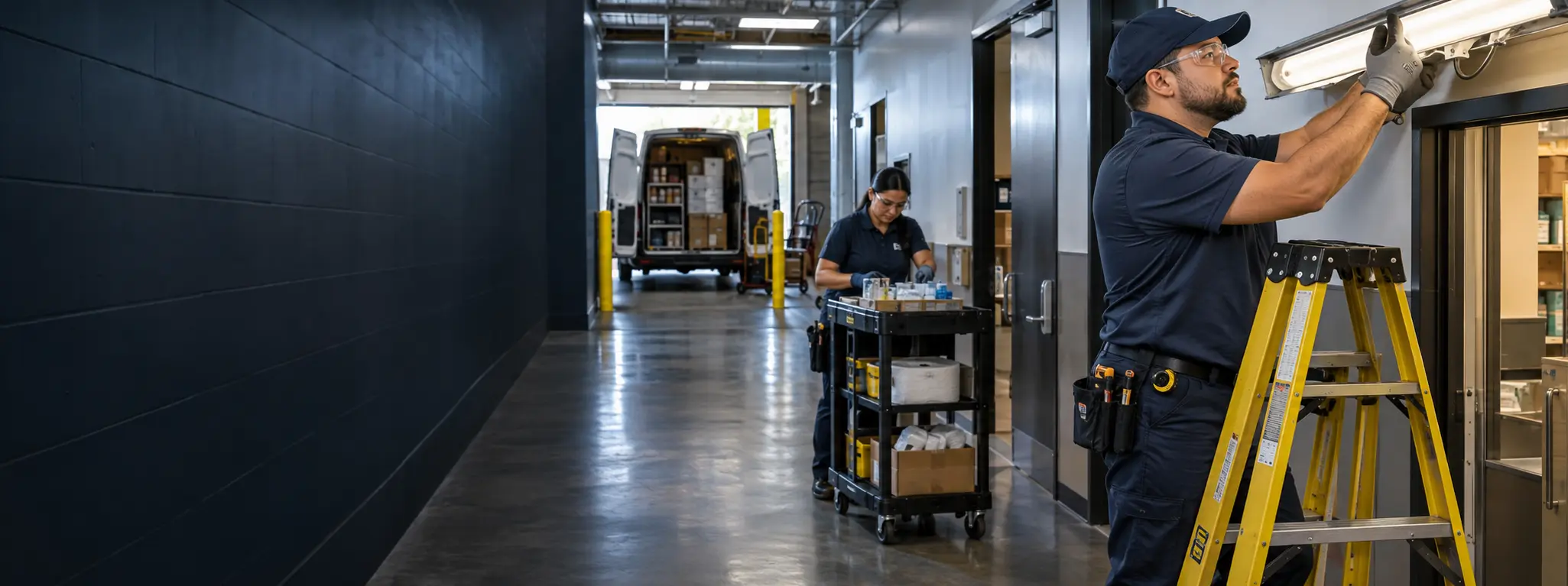 Facility maintenance technician servicing a commercial light fixture while a team member stages parts and a service van supports the work